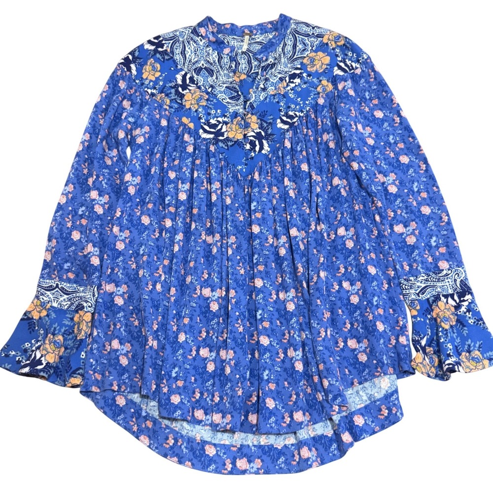 Free‎ People Blue Floral Paisley Mixed Print Babydoll Tunic Bell Sleeve Top XS
